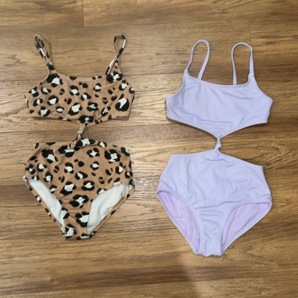 2 Art Class Girls One-Piece Cut Out Swimsuit Cheetah Print / Lavender Sz S(6/6X)
